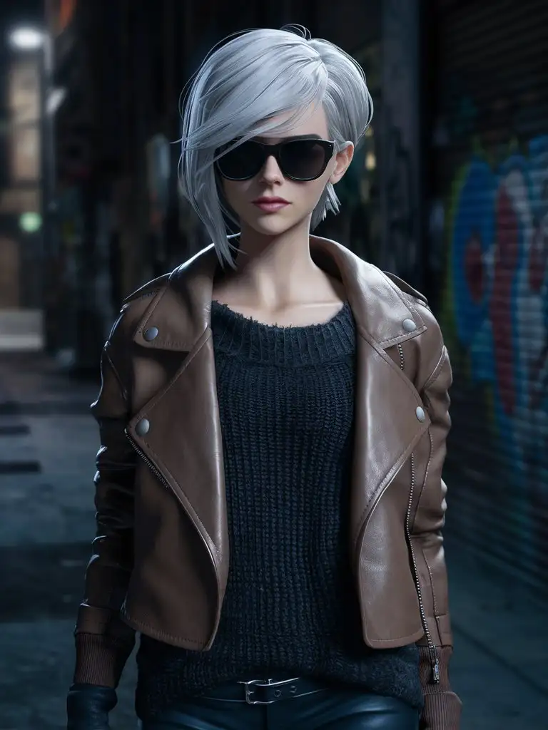 Female character, short white hair with bangs, brown leather jacket, black sweater with big neck, black sunglasses 