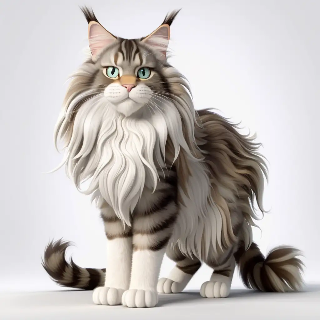Maine Coon Cat PixarStyle Cartoon in Dynamic Poses on White Background