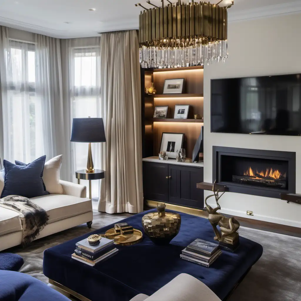 Modern luxury living room, cream sofas and navy cushions and accents, antique brass accents, bespoke bookshelf joinery in dark brown wood, electric modern tv wall with fireplace, cream carpet on the floor Crystal ceiling pendant. Brown floor