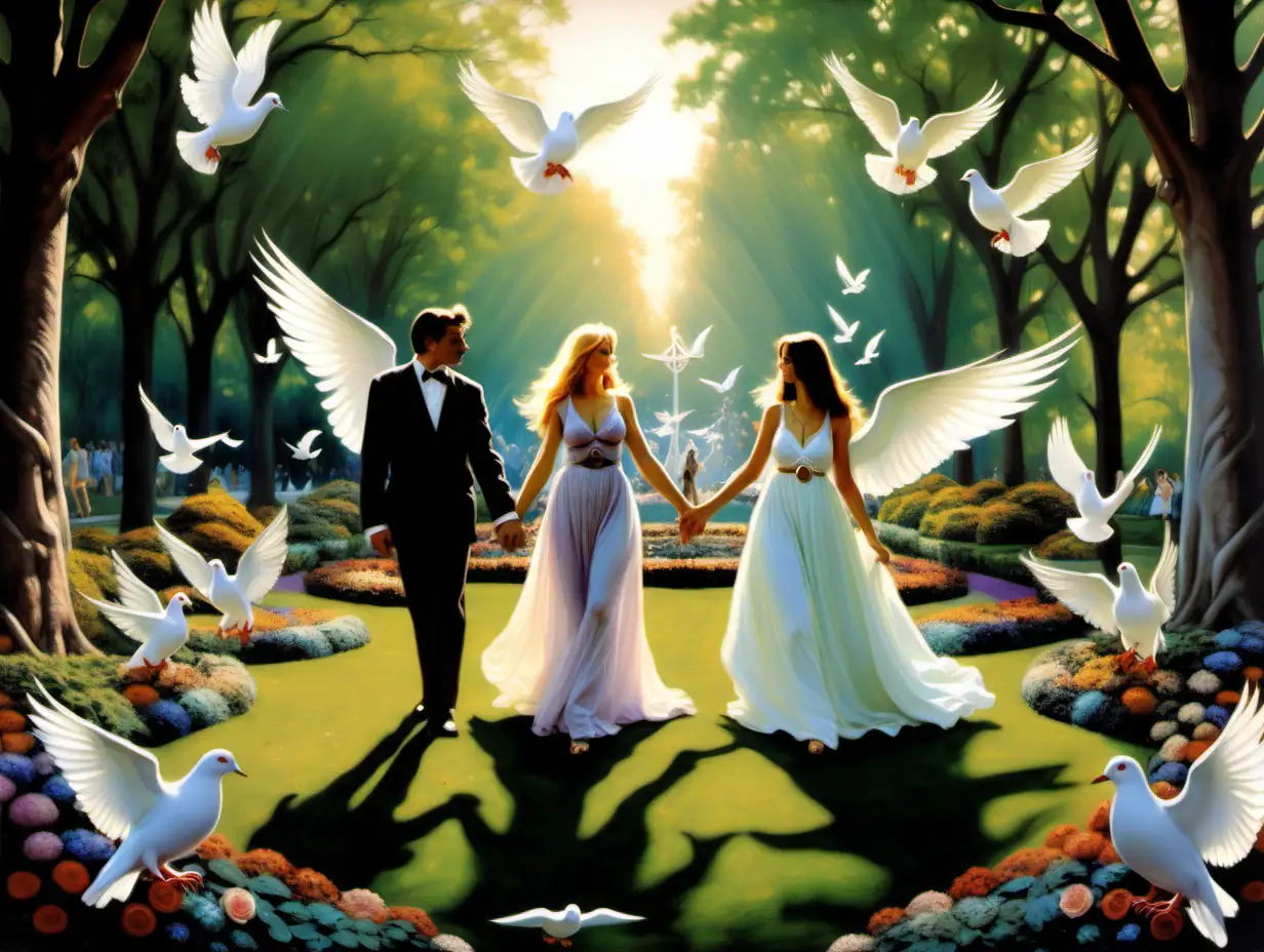 Couple Holding Hands in Enchanted Garden Surrounded by Doves and Peace Signs