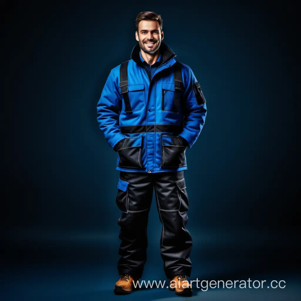 Full-length photo of a strong and handsome man, wearing beautiful very warm insulated workwear in black and blue. He stands confidently with a smile, captured in a front view, full-length view. The image is of 4k quality, with high dramatical lighting that enhances the details and textures of the clothing.