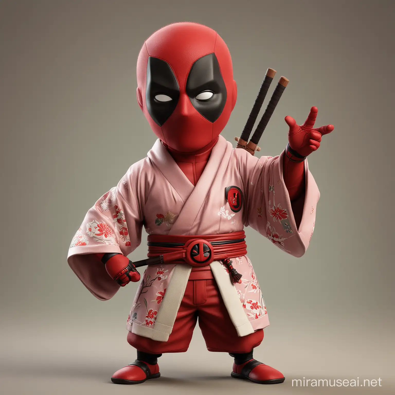 3d caricature of deadpool doing cute pose with traditional japanese clothing