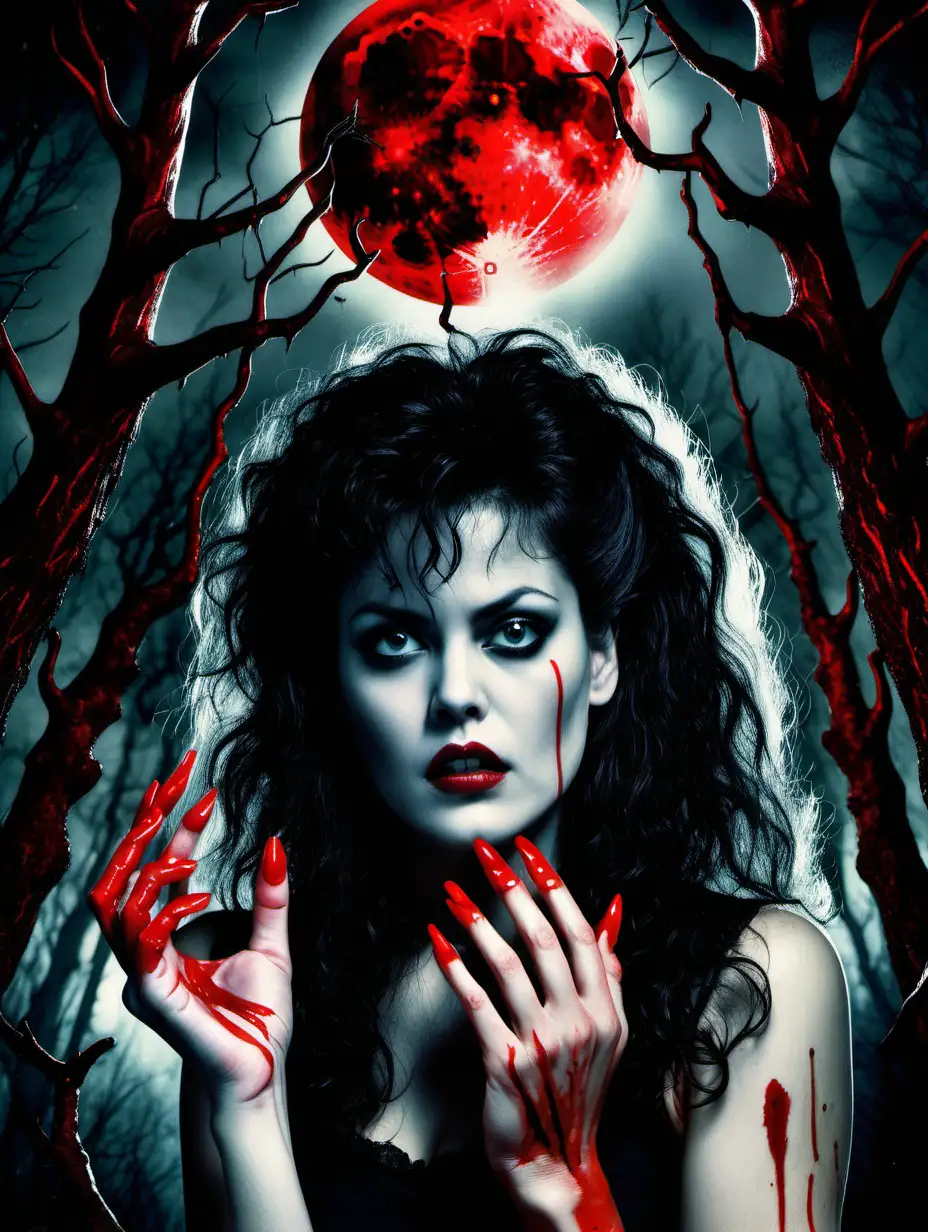 Sultry Woman with Red Nails in Moonlit Horror Scene