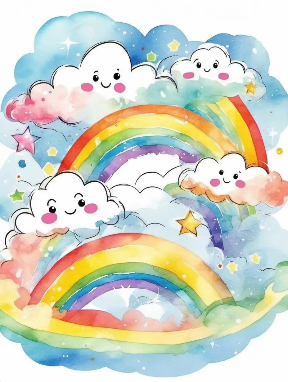 Cheerful rainbow with colorful clouds, watercolor clip art, vector image, flat white background 