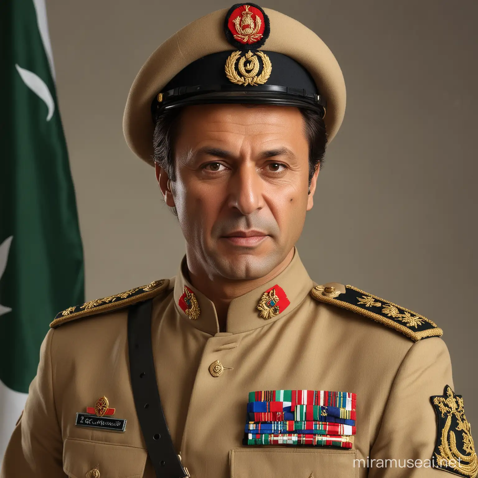 "Generate an image of Imran Khan dressed in the uniform of the Pakistani Army Chief. Show him adorned in the traditional military attire, complete with insignia, badges, and ribbons. Capture his demeanor as confident and authoritative, embodying the leadership qualities associated with the role of the Army Chief. Set the scene against a backdrop that evokes the solemnity and strength of the Pakistani military."