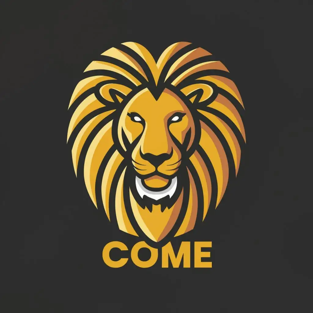 logo, Lion, head, hair, vector, easy, print, graphic, illustration, bold, colors, simple, lines, modern, art, vibrant, detailed, mane, expressive, digital, stylized., with the text "Come", typography, be used in Entertainment industry
