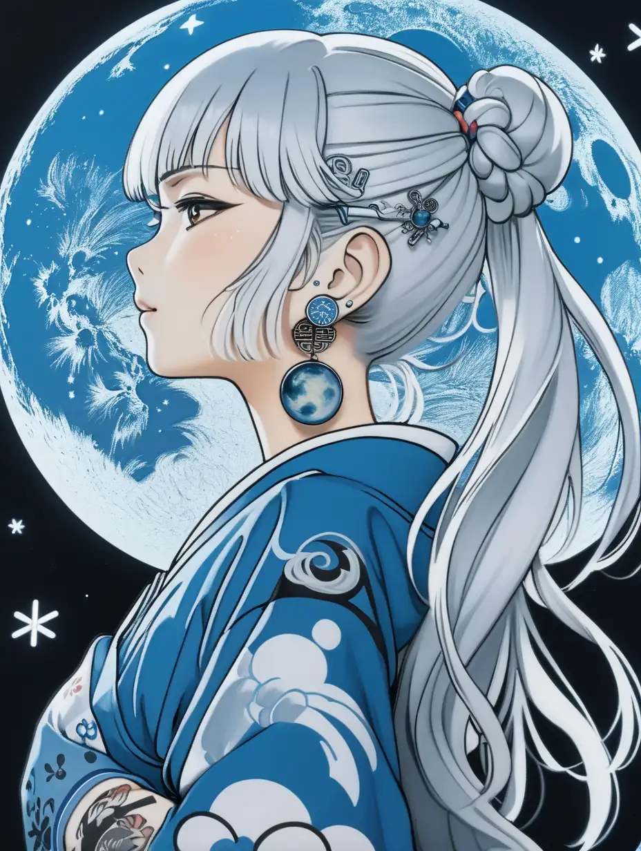 a anime japanese style girl with silver/white hair and a pin in her hair, tattoos on her arms looking on the front wise and a big blue moon in the background
