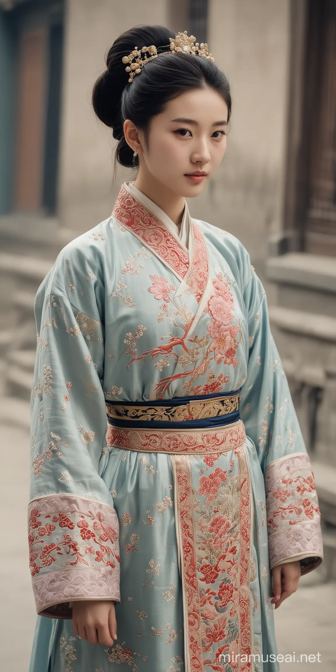 18岁的高圆圆，在清朝的街上，穿着清朝的衣服。