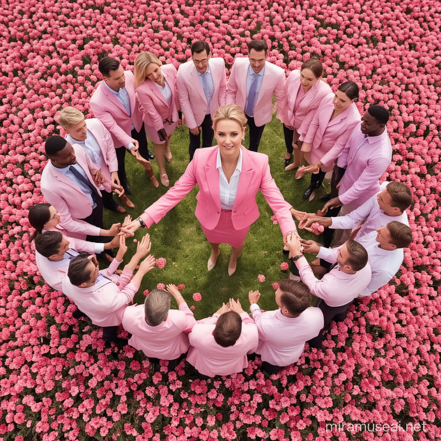 a team of executives in a circle with their woman leader in the center, clad in a pink business outfit, in the middle of a flower field in springtime with as many men as women

