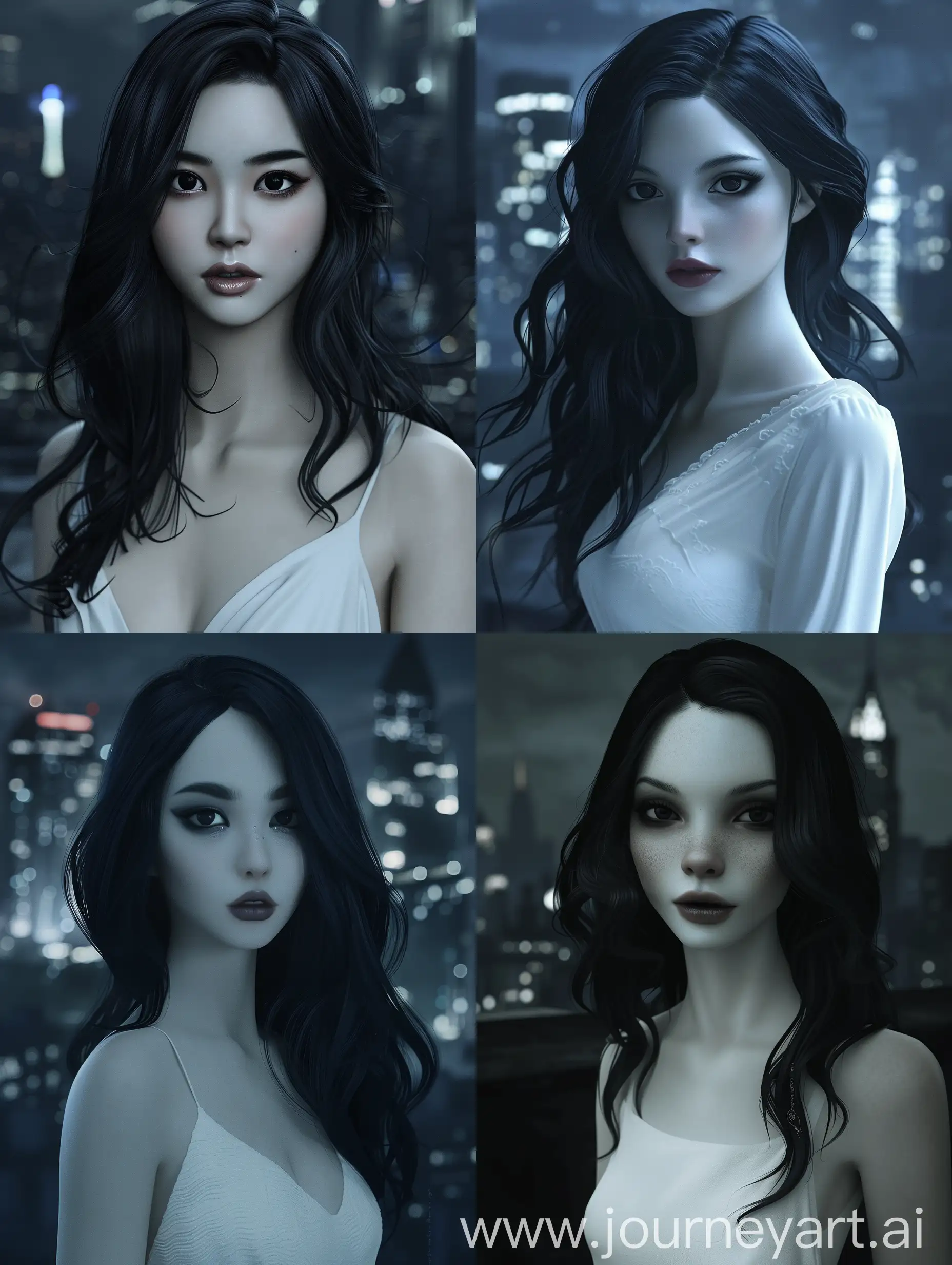 Draw me a woman with black, slightly wavy, long hair, black eyes, white skin, full lips and a small nose. She is wearing a white dress. In the background is a dark city. Make it in 3D realistic style.
