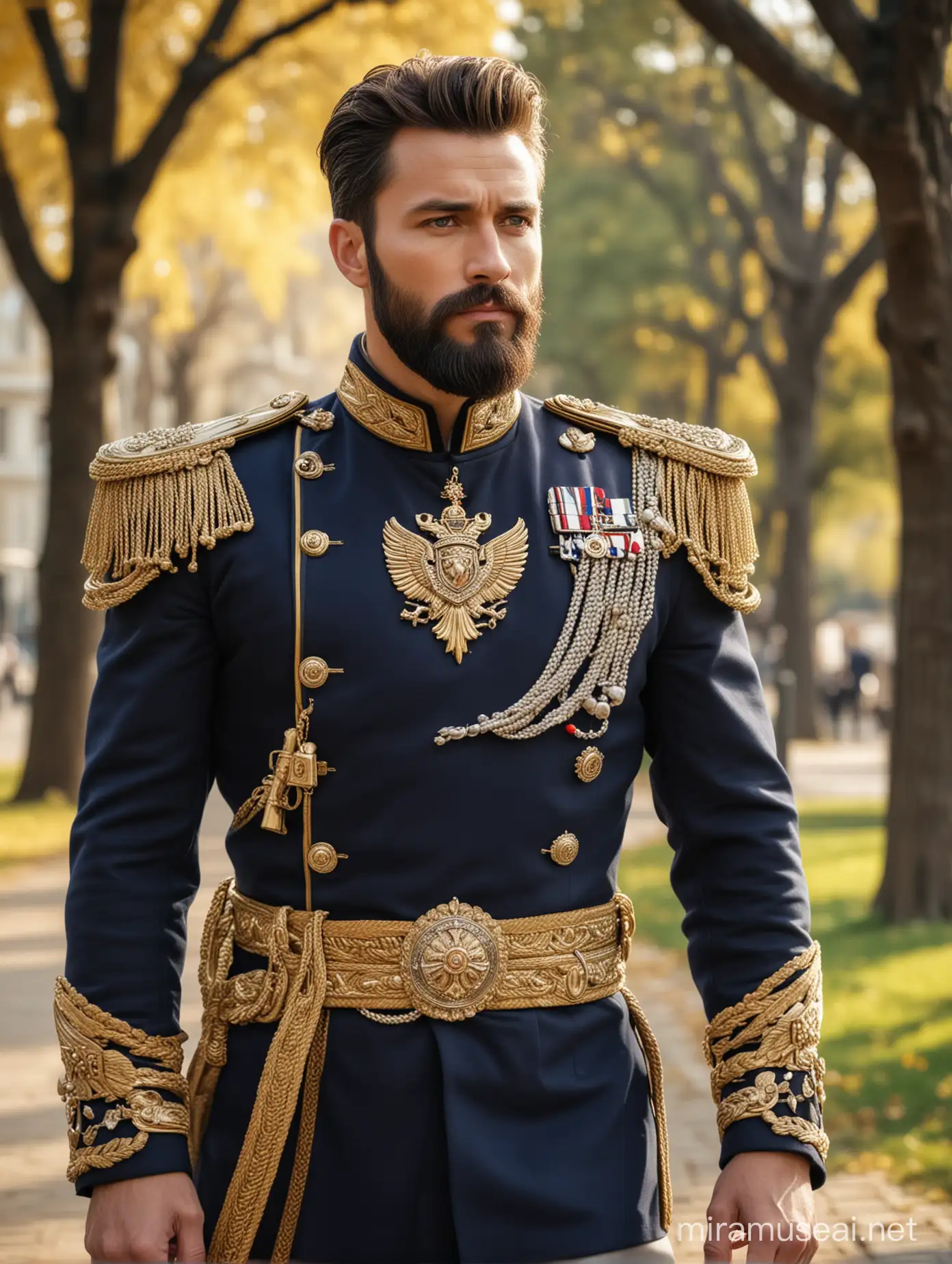 Tall and handsome muscular king with beautiful hairstyle and beard with attractive eyes and Big wide shoulder and chest in High Tech navy and golden cavalry uniform with necklace walking on park