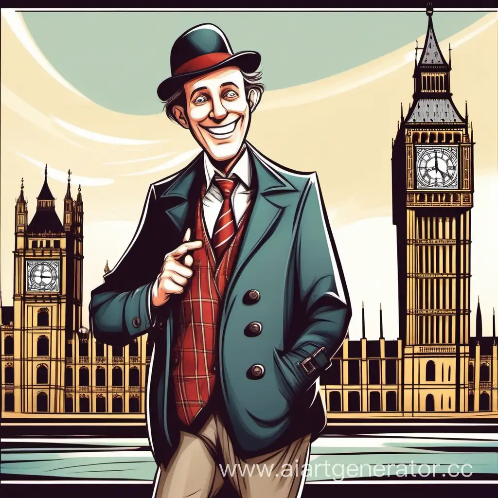 Cheerful-Englishman-Posing-with-Cartoon-Big-Ben-Tower