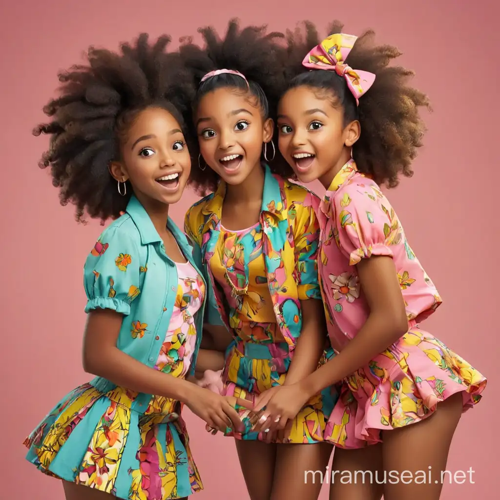 cute african american girls, afro puffs, bright colorful clothes, telling each other secrets