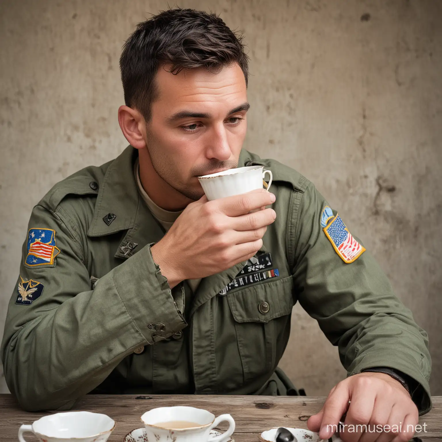 Man in a tattered us army uniform drinking tea from a dainty tea cup with his pinky sticking out 