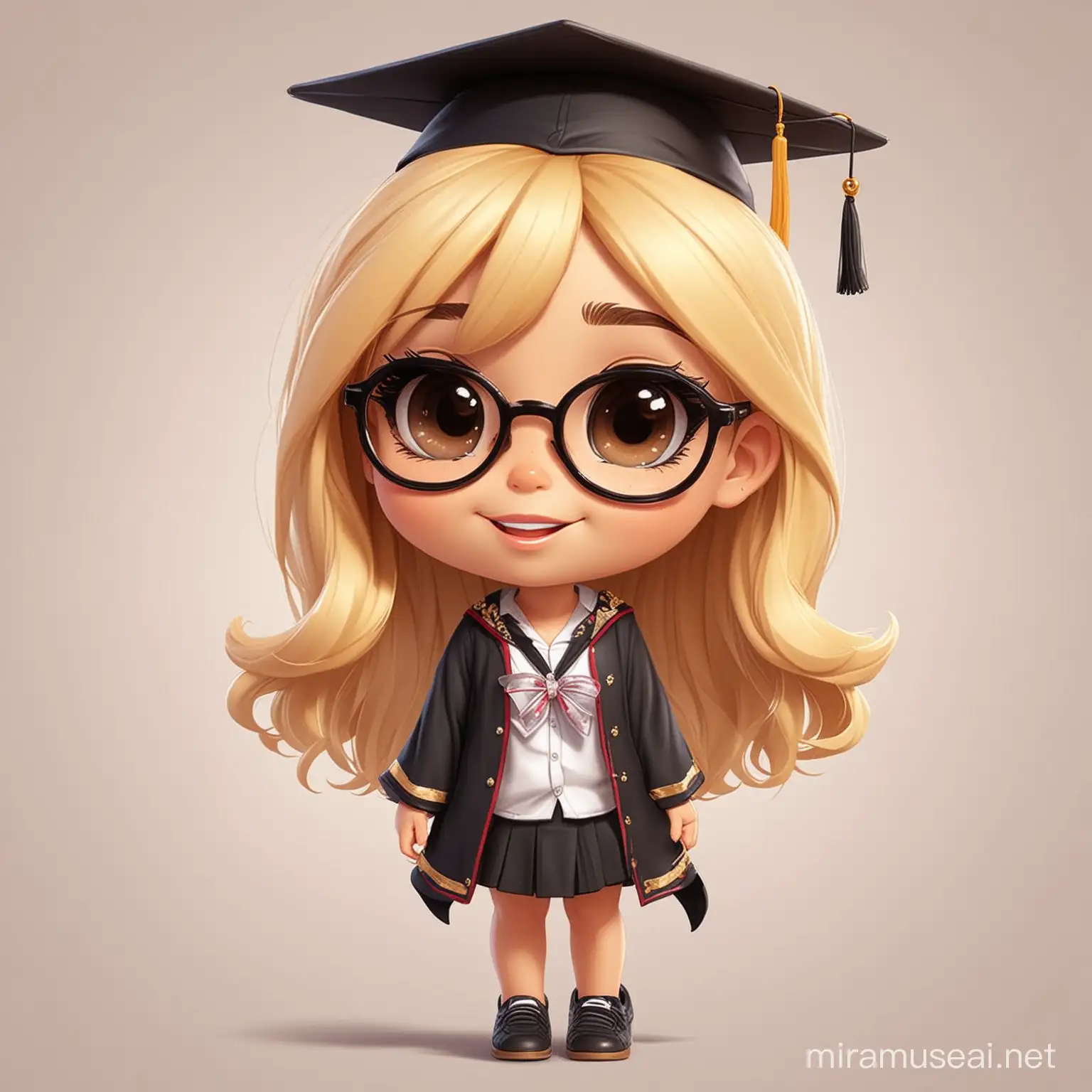 cute and beautiful disney cartoon style white background image of Chibi Latina Graduation , only one girl detailled, and beautiful with glasses and short  blonde hear
