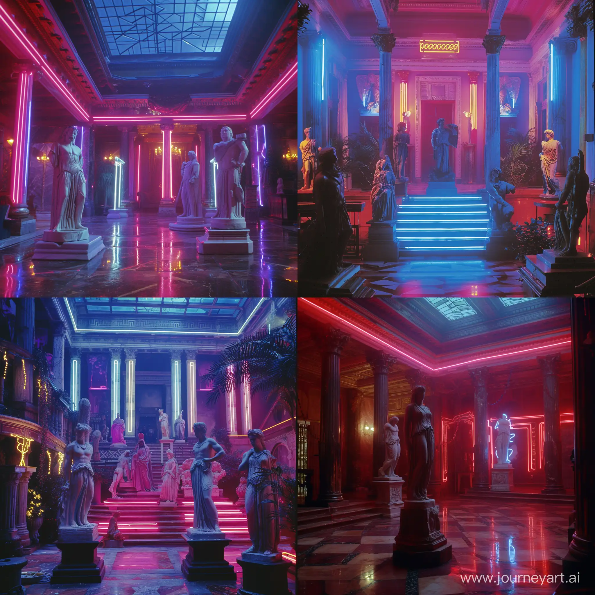 Cinematic scene from a John Carpenter film from the 1980s showing a millionaire's house with ancient Greek style and decoration, with statues, neon lights