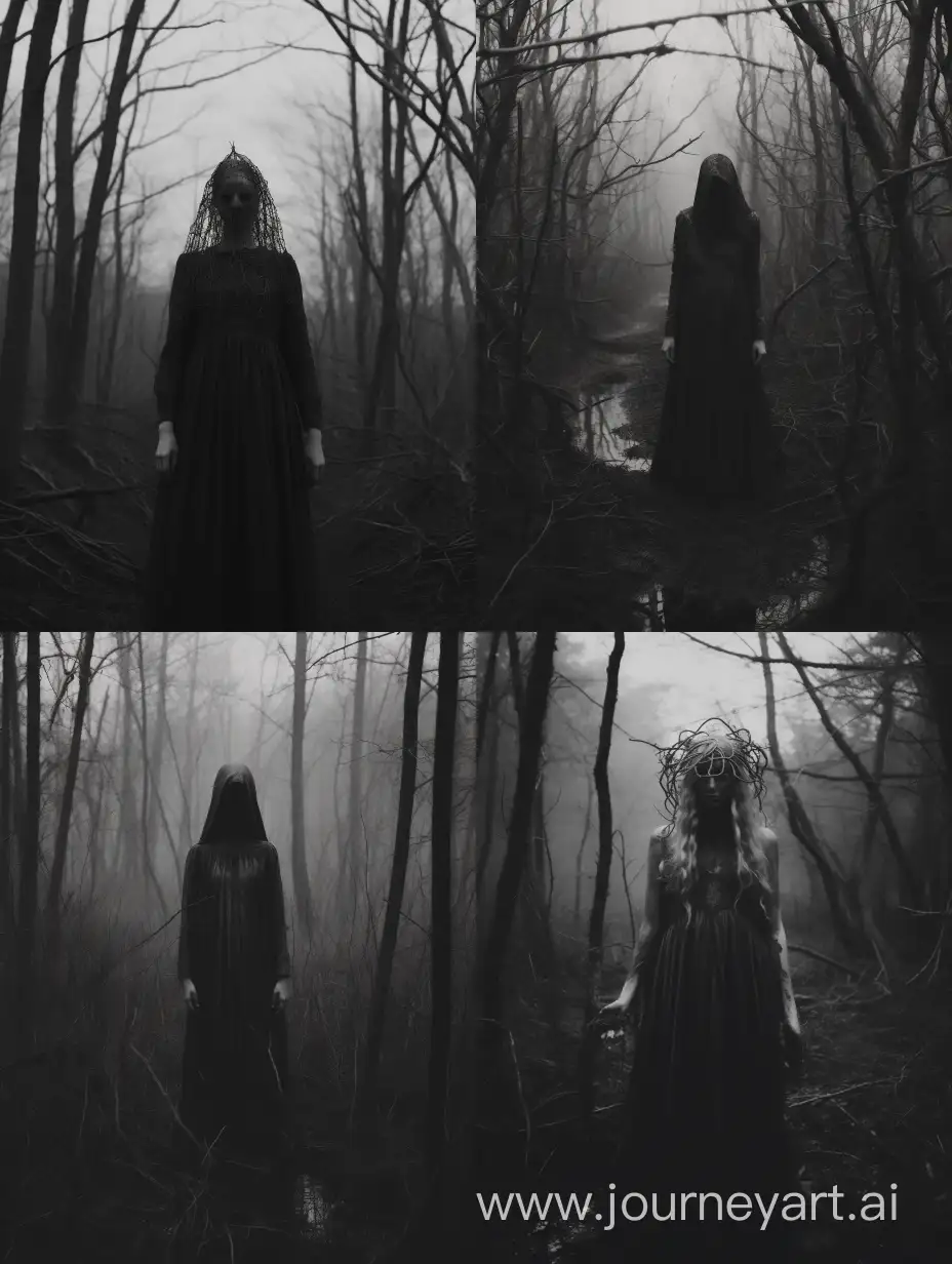 grayscale photo that evokes folk horror, featuring a person in a vintage dress and a mysterious forest, the_ritual, creepypasta, folk horror, dark aesthetic, dark folk, dark magic, witch core