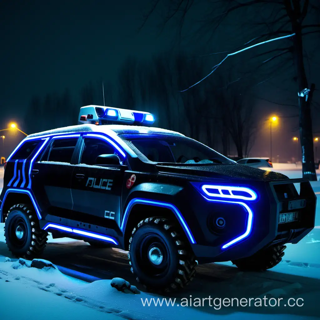 Russia, police, Zhiguli car, cyberpunk, night, winter, darkness, flashing light, futuristic shape, prosthetics, technological