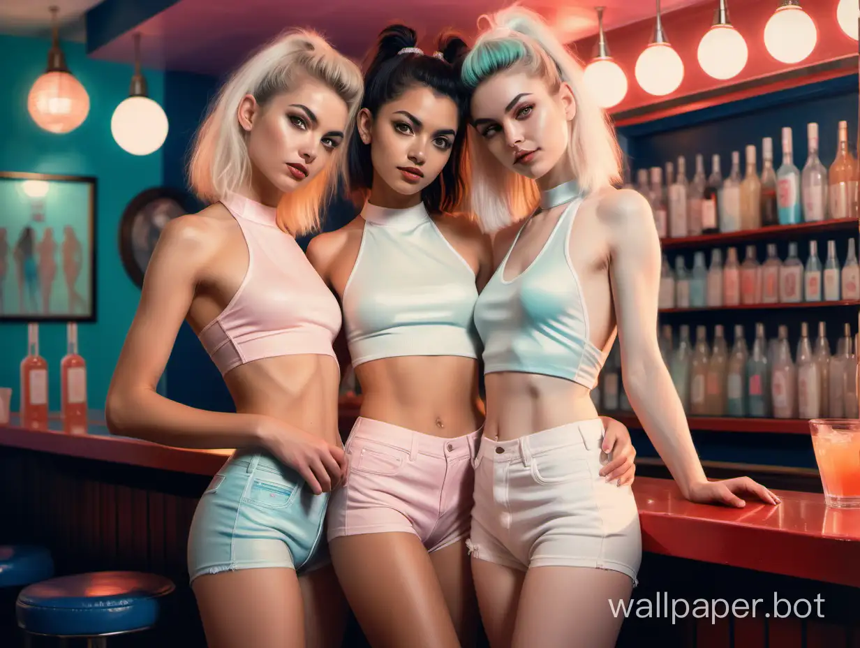 Portrait painting of two pretty, petite, slim young lesbians. The aesthetic of a fine art painting, with visible brush strokes. Pale pastel colour palette. The girls are toned and muscular. They wear panties and halter tops. One girl has her back turned. A retro-modern cocktail bar decorated in light colours.