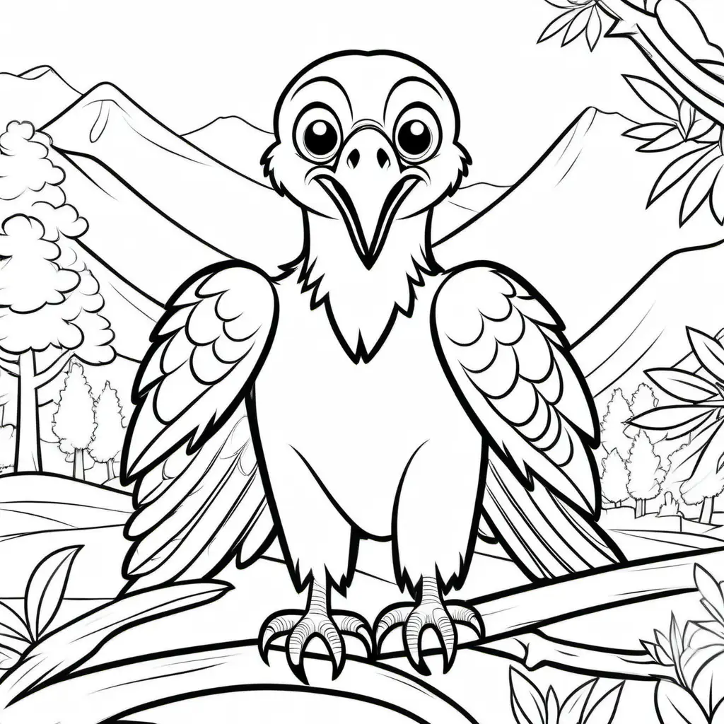 Create a coloring book page for 1 to 4 year olds. A simple cartoon  cute smiling friendly faced Vulture in their native enviroment. The image should have no shading or block colors and no background, make sure the animal fits in the picture fully and just clear lines for coloring. make all images with more cartoon faces and smiling