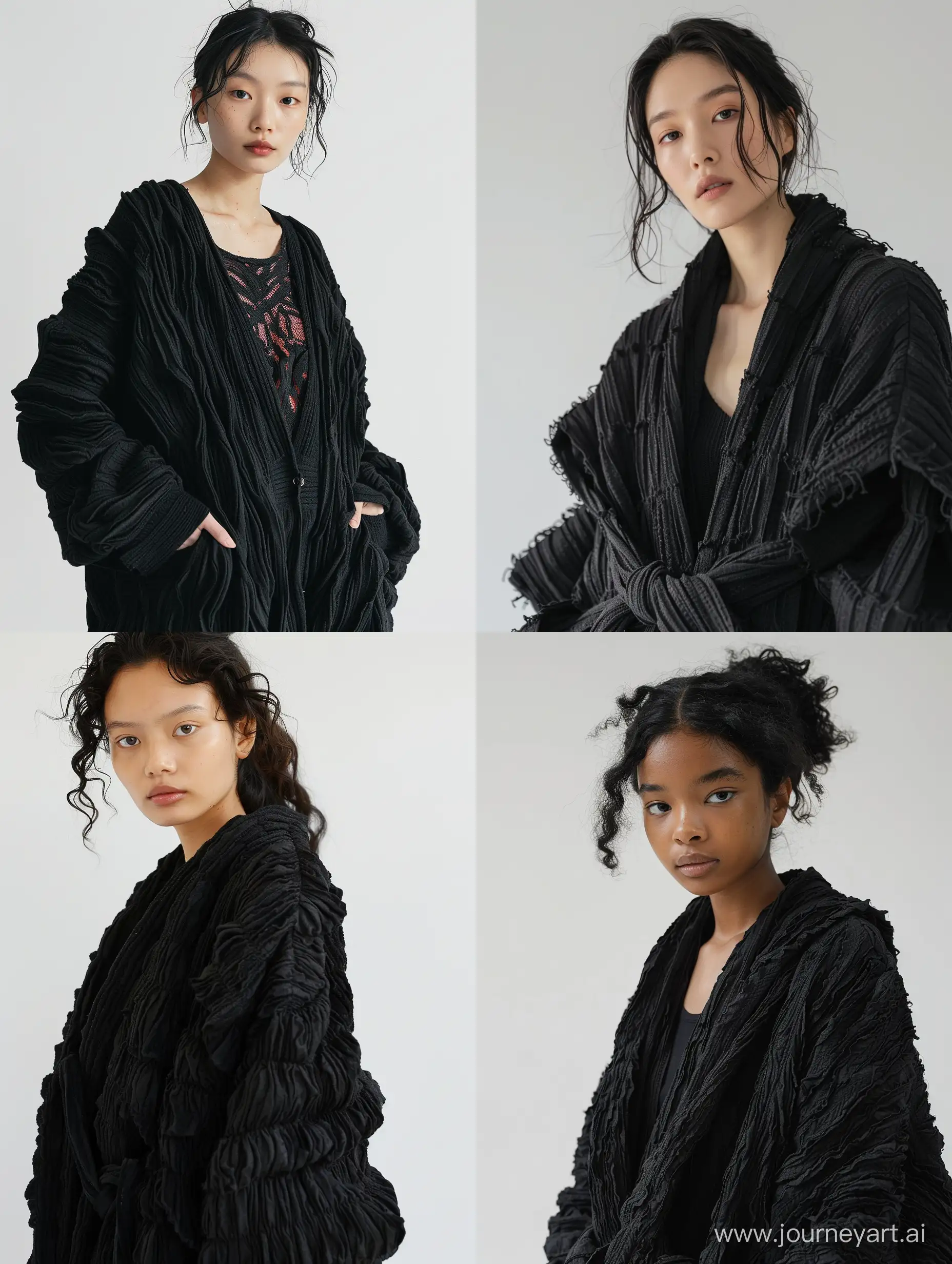 make image, a girl wear a black ruched textured oversized kimono cardigan, studio photography, white background