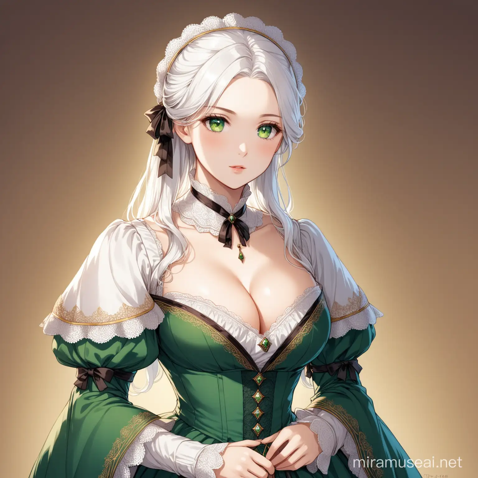 young woman, white hair, green eyes, noble, victorian dress, big chest, cleavage, victorian age