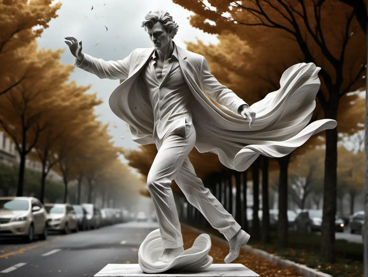 A white marble sculpture of a man in clothes fluttering in a strong wind.  on the street. in the background, trees in the wind hurricane Aleabeautiful marble texture , full - length in the background . on the pedestalbeautiful marble texture, 16k, high detail —v 5.2 and filled with intricate details. —stylize rendering 750 —v 5.1 dramatic lighting, cinematic framing —ar 2:1 —style raw