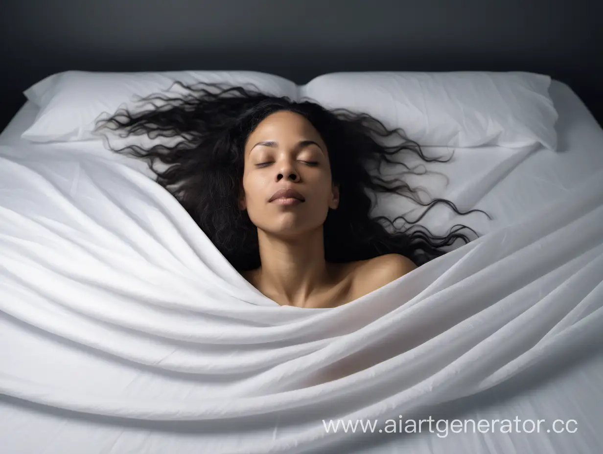 a half black, half white biracial woman, 40 years old, straight hair, with white sheet  on her, floating in the air with her eyes closed