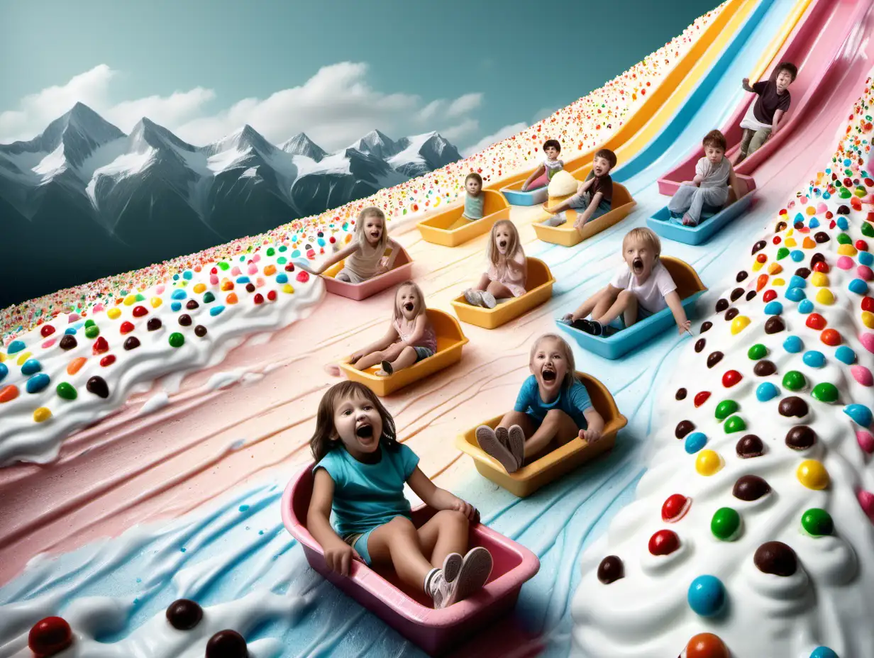 kids sliding down a mountain made of ice cream candy and cakes