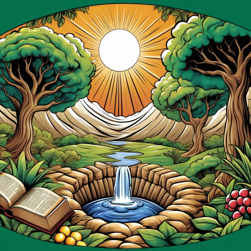 Generate a colored vector Image for use as a cover image that emulates the books of the Old Testament. The image should be in a vector adobe illustrator editable format, have a background of the the different elements illustrated in the  old testament, from the creation story in the book of Genesis to Malachi, the last book of the Bible. The garden of Eden Image should be included with all it's beauty