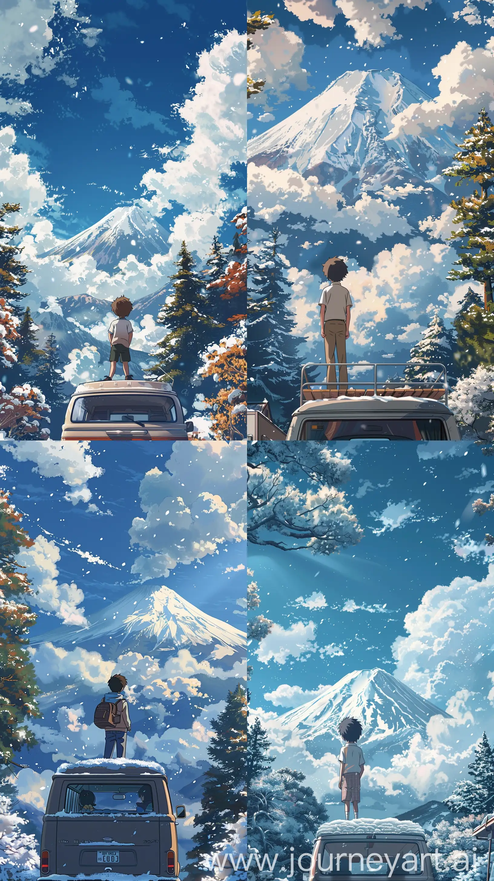  Anime Japanese boy, back facing view, standing on a traveling van, gazing at fluffy clouds in the sky and snow-capped mountain, nearby trees laden with snow, in the style of Studio Ghibli --ar 9:16 --v 6