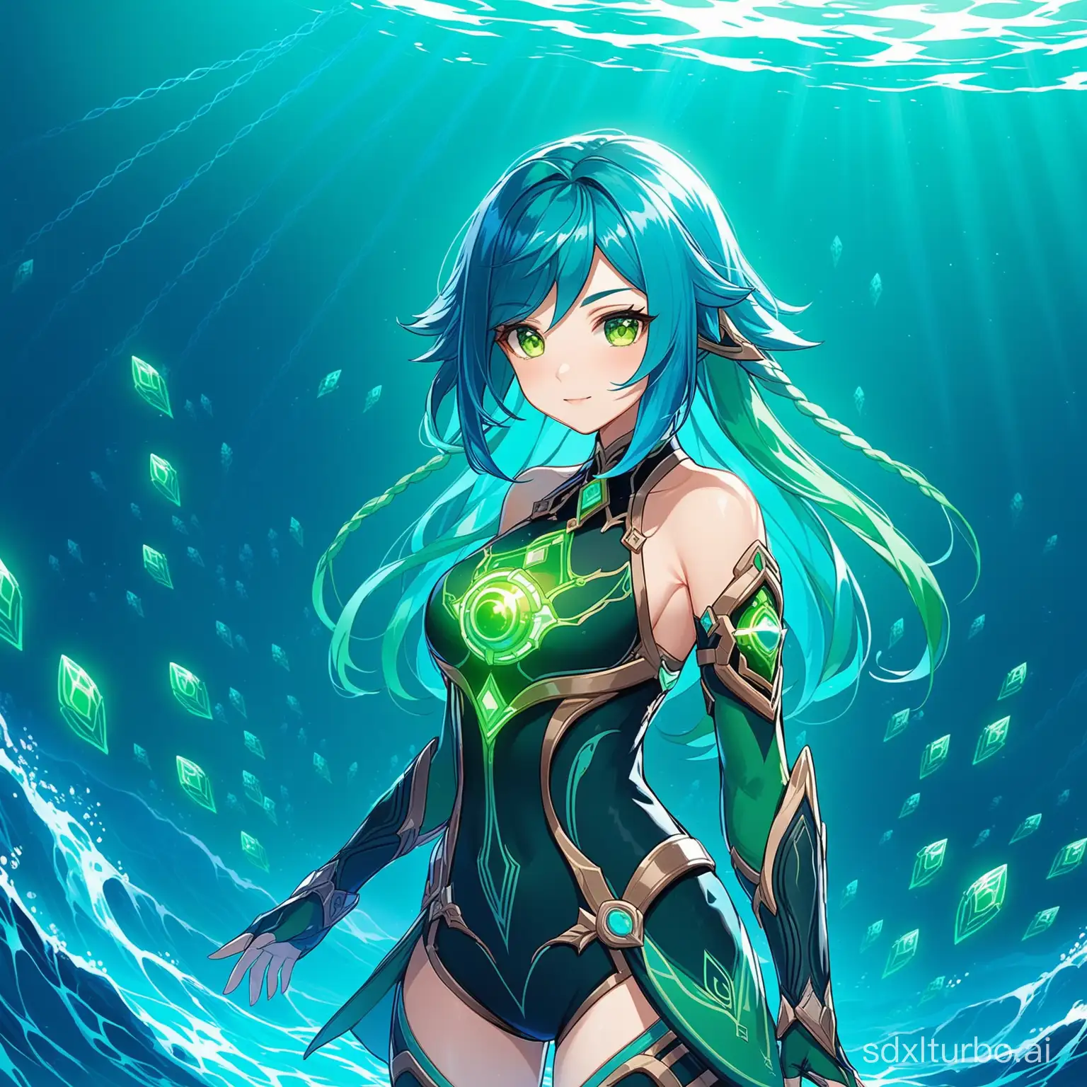Deep sea, green girl, blue hair, Genshin Impact, Cyber,