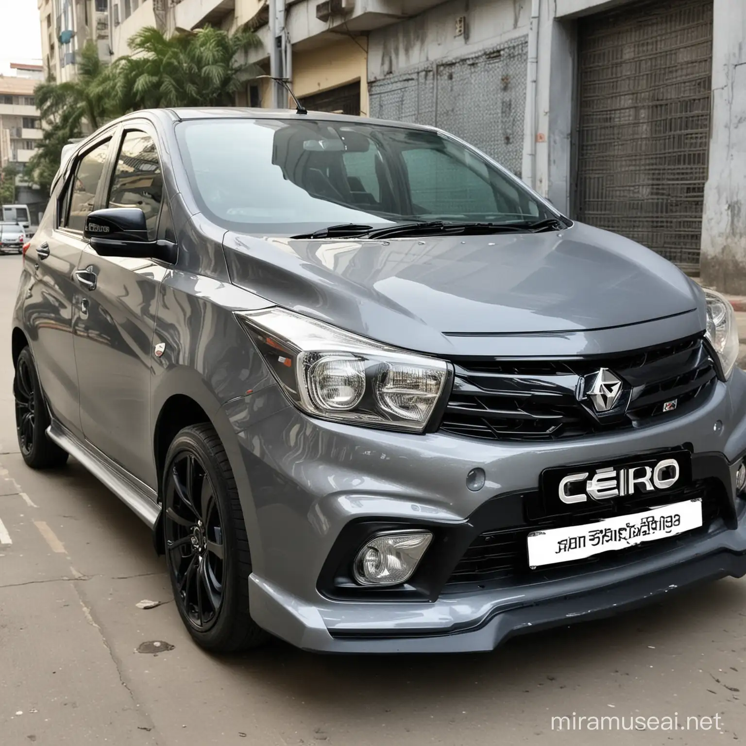 celerio in mat glossy grey colour with monster spoiler and modified headlights and rims
