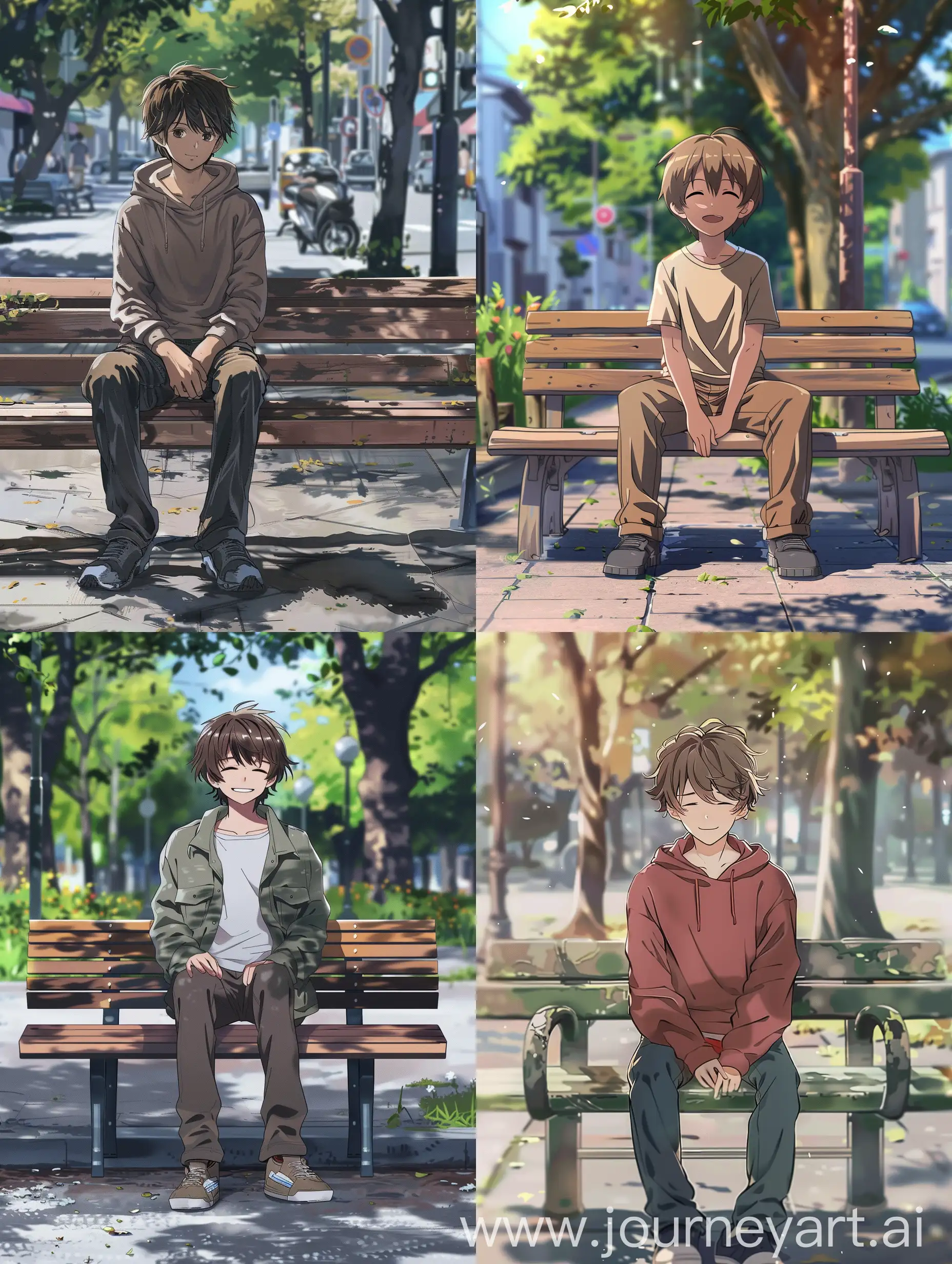 anime style,a character 18 year old boy sitting on a park bench exact front view,more focus on the boy he has a little smile.avoid distorted view of the boy.