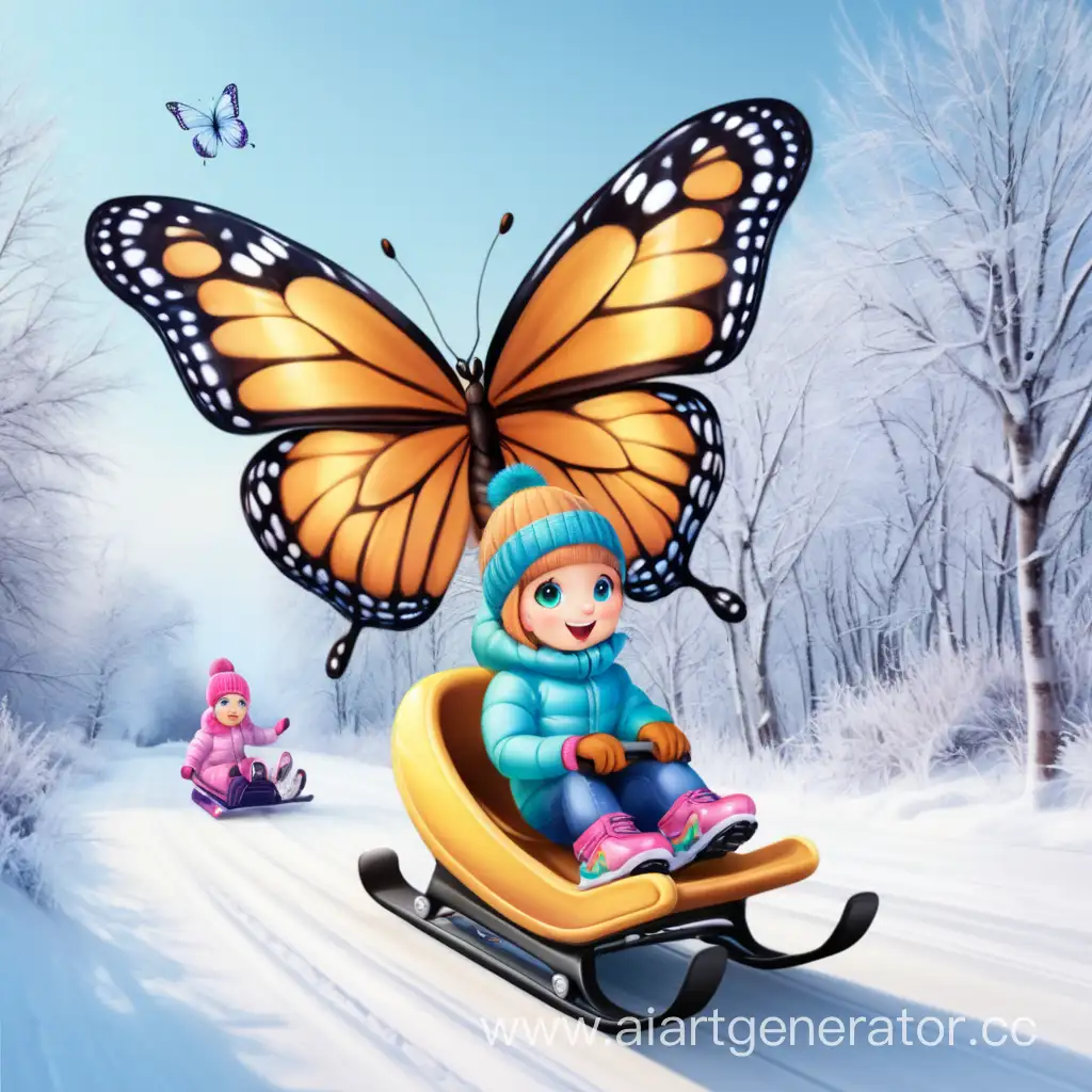 бабочка зимой катается на санках коньках