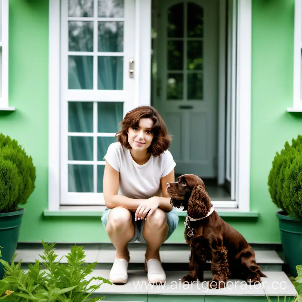 Girl-with-Short-Brown-Hair-and-Cocker-Spaniel-in-Garden-Setting