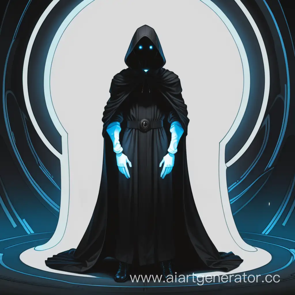 A tall figure with a concealed face behind the hood, all clothing black, white gloves and glowing, round blue eyes of a round shape and a round head