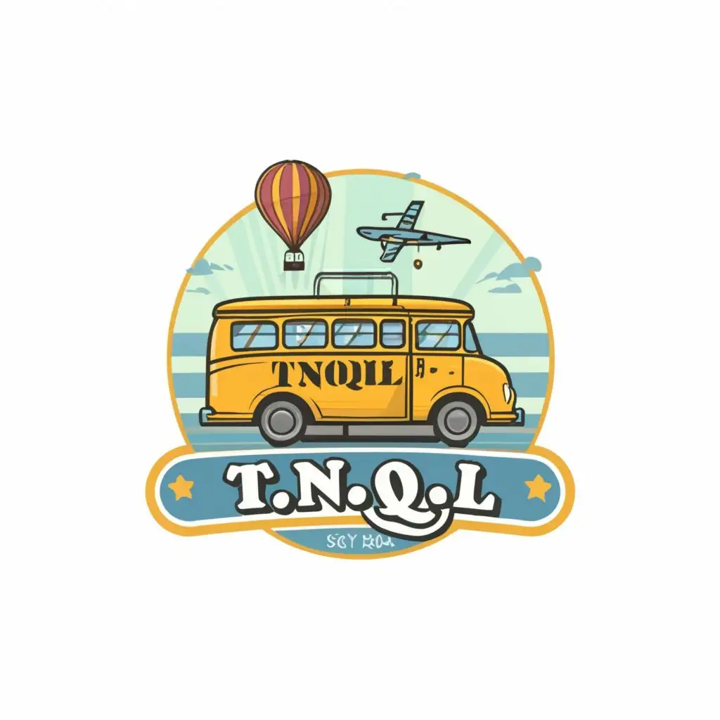 logo, Vintage small bus dropping young people, with the text "tnqql", typography, be used in Travel industry