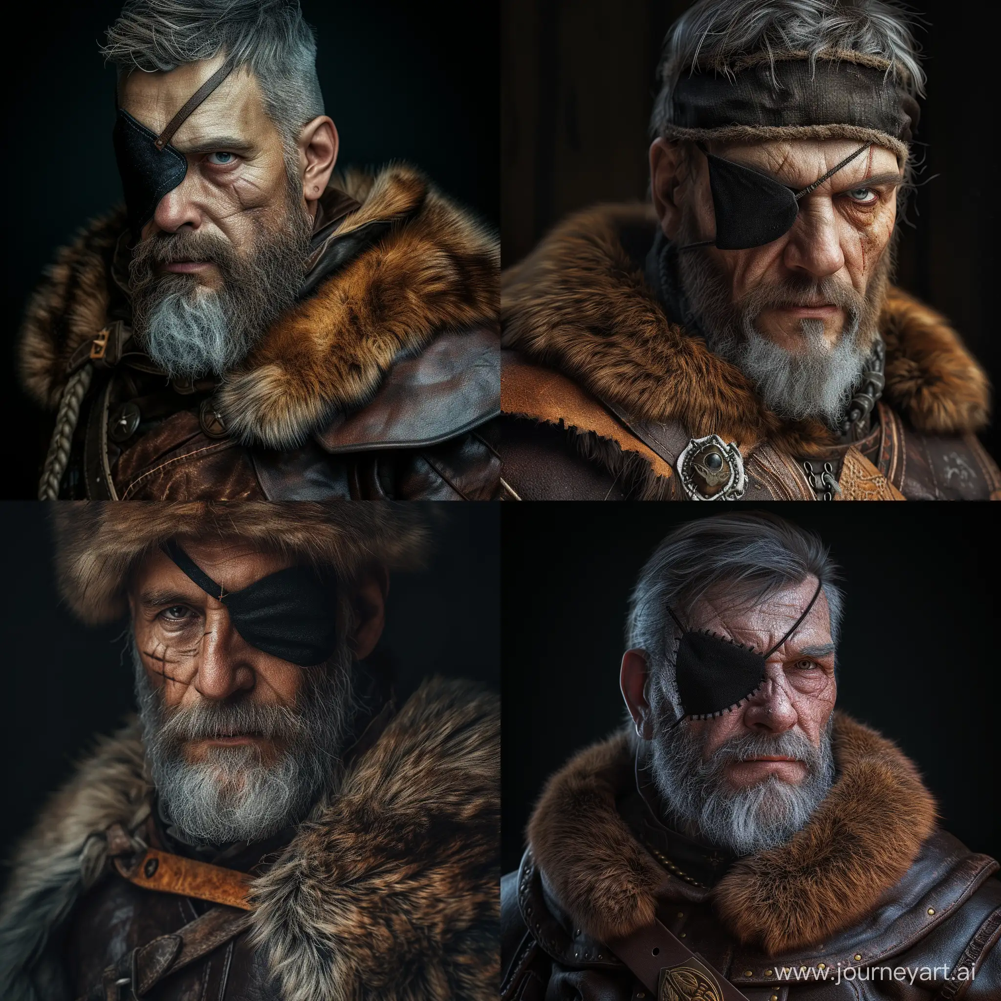 Medieval Czech Warlord Jan Zizka, Grizzled Beard, Thinning Gray Hair, his one eye is hidden with a black cloth eyepatch, wearing a leather tunic with fur collar, fur hat cinematic shots, realistic, 4k, photo realistic, cinematic lighting
