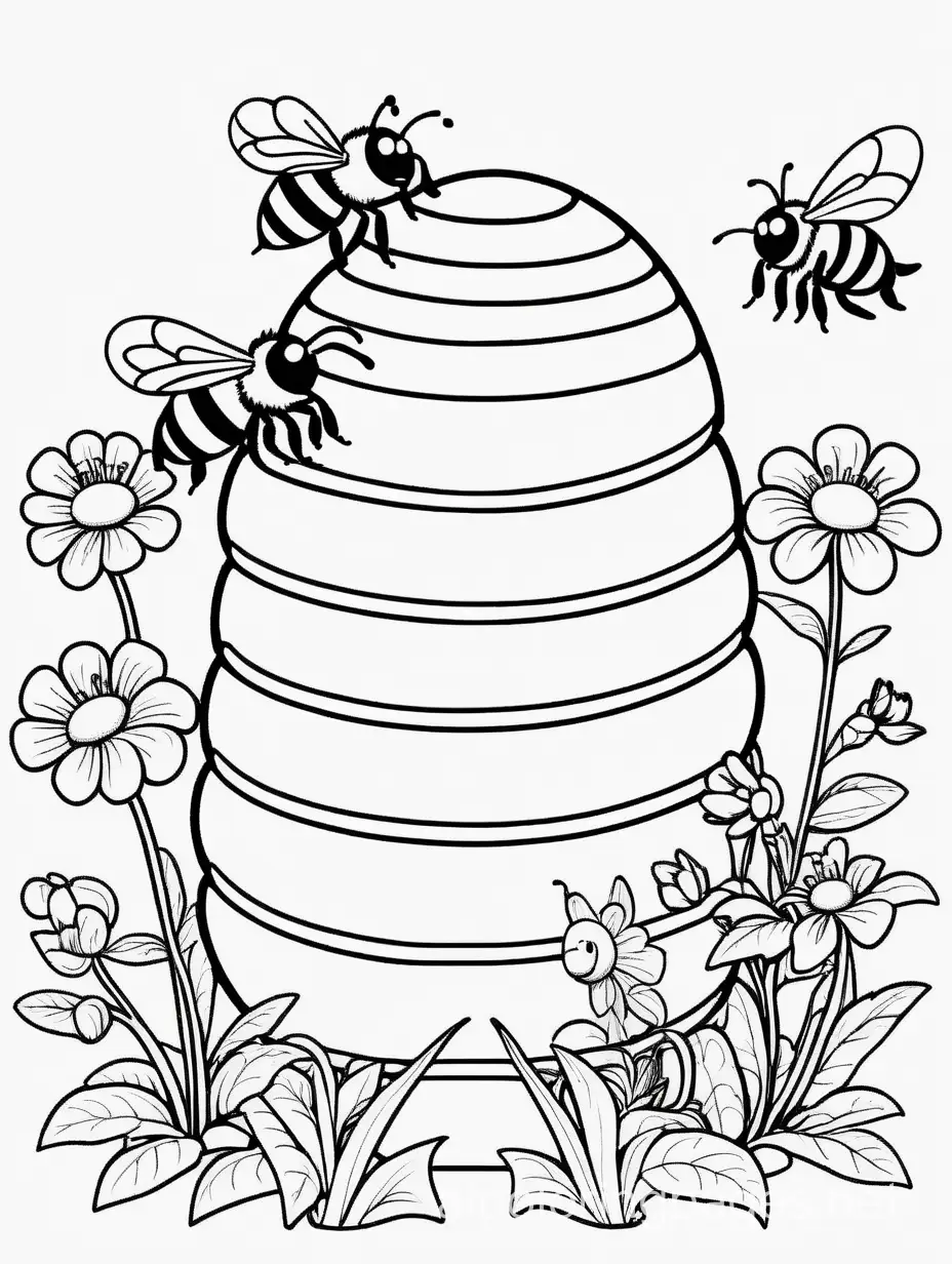 bees w with hive, Coloring Page, black and white, line art, white background, Simplicity, Ample White Space. The background of the coloring page is plain white to make it easy for young children to color within the lines. The outlines of all the subjects are easy to distinguish, making it simple for kids to color without too much difficulty