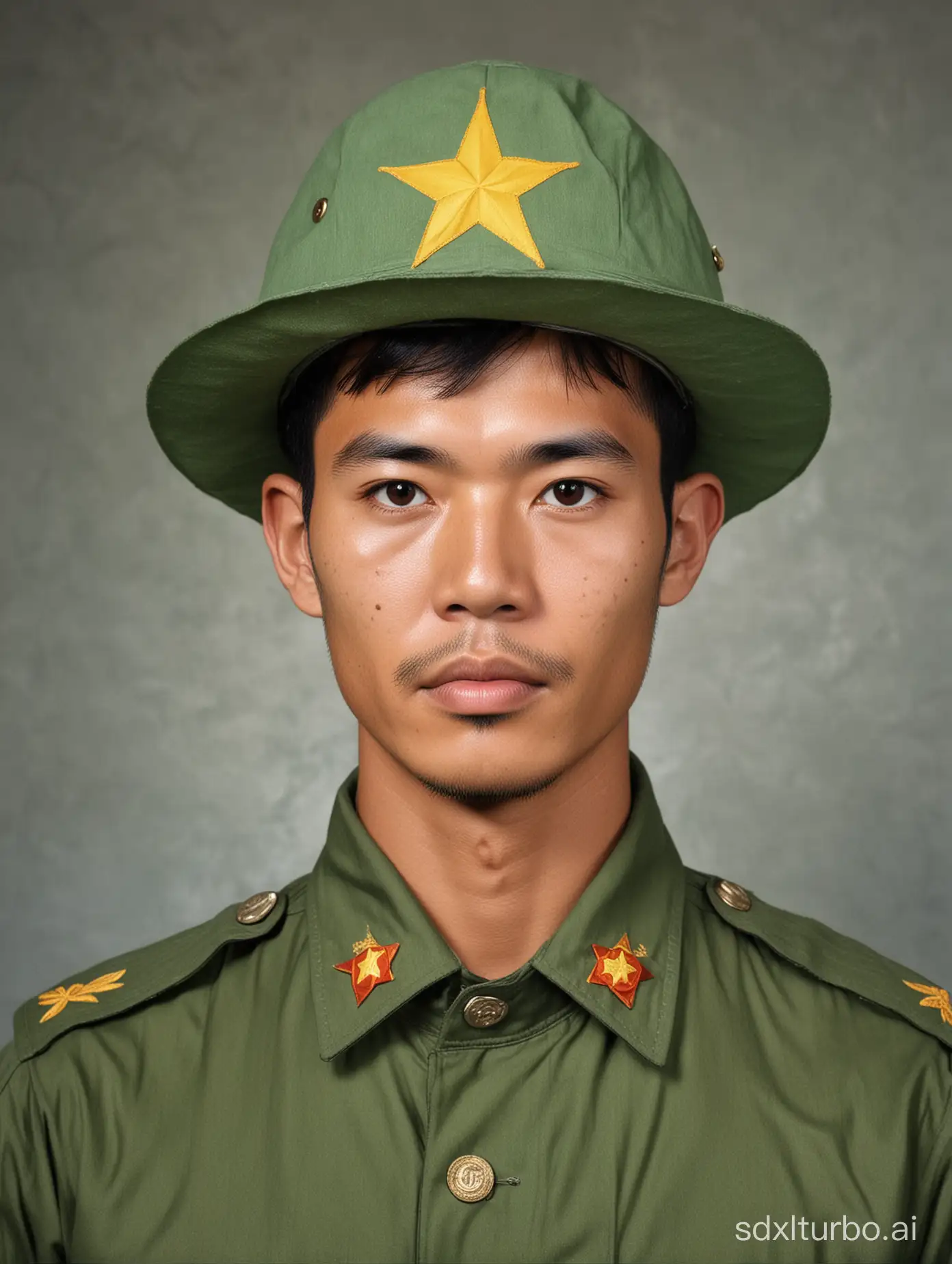 During the Vietnam War, in 1963, a soldier of the Vietnamese People's Army wore a green military uniform and a green sun hat.Head photo.