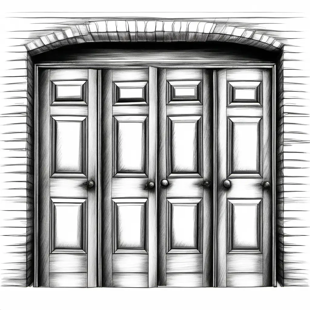 Create a hand sketch of 5 doors next to each other.

All the drawing should fit in the image.
No colors. White background. No shades