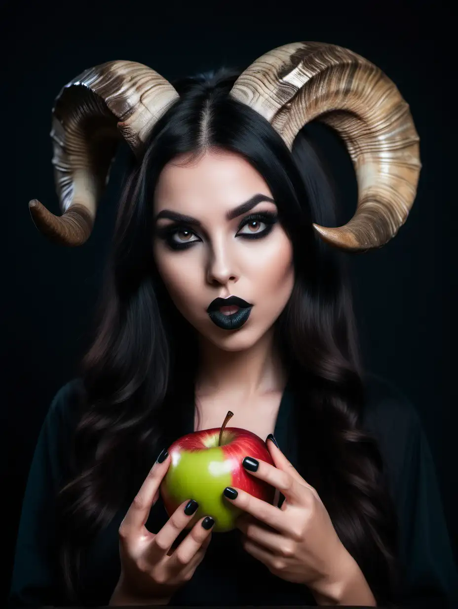 Beautiful woman with ram horns, full lips, voluminous straight dark hair, holding apple, dark vibes