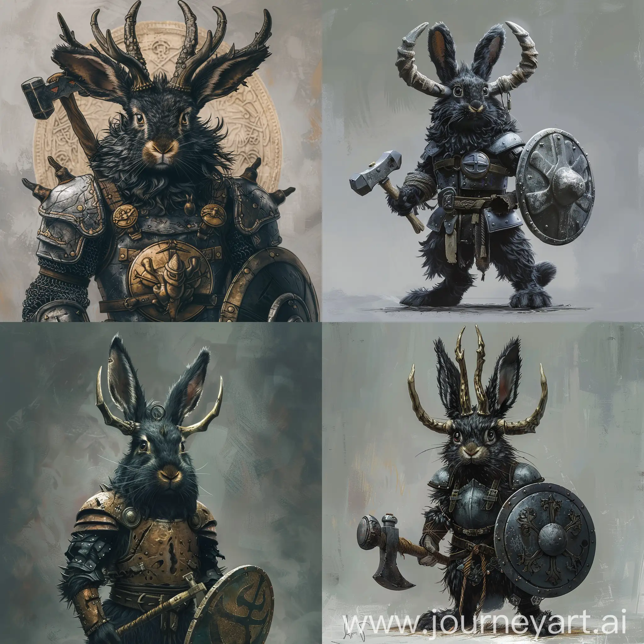 humanoid hare with black fur, horns like a young deer on his head, he has a ferocious look, wearing a heavy mediaval armor a shield and a hammer and he is about one meter tall
