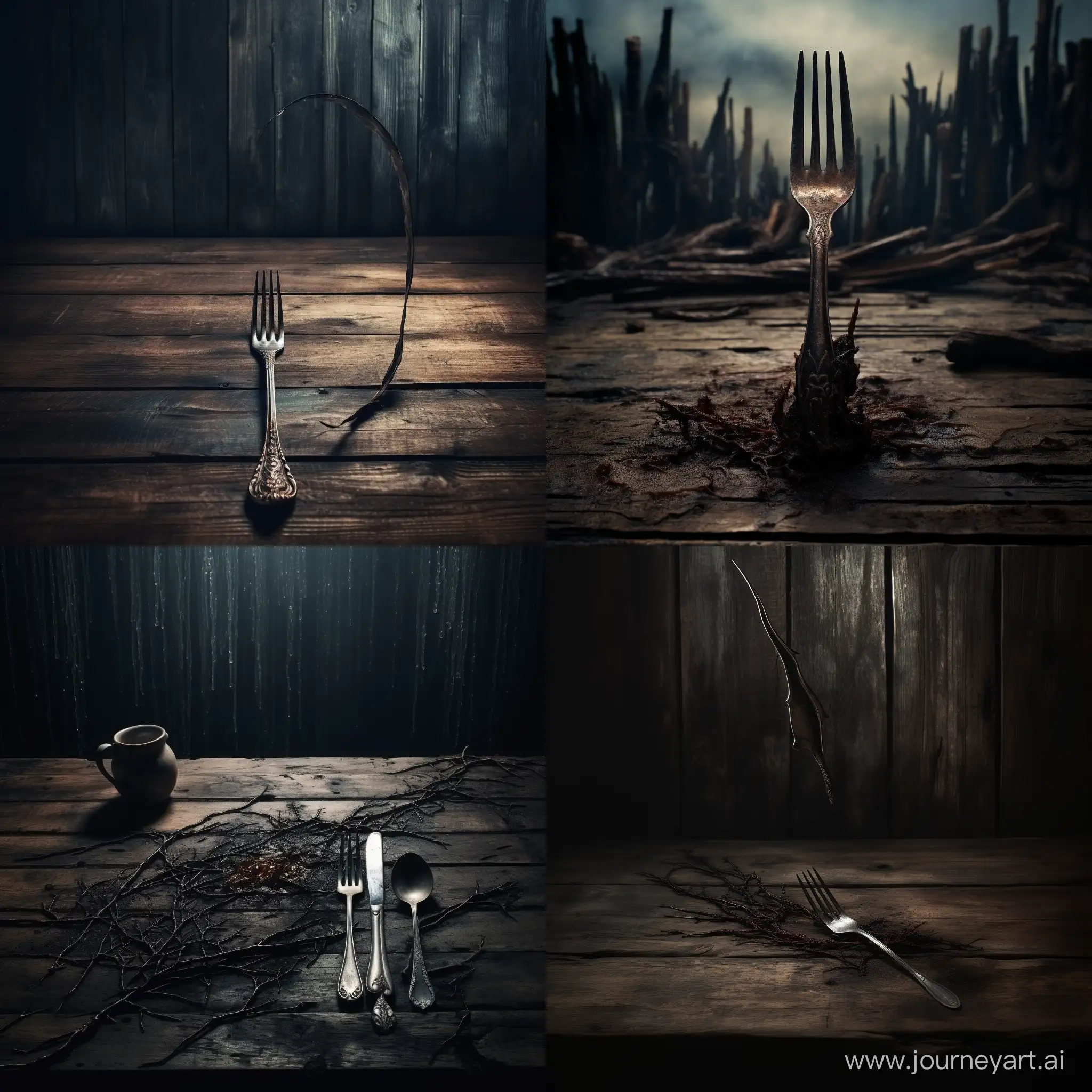 Graceful-Dark-Fork-on-Wooden-Broken-Table-Dark-Fantasy-Art