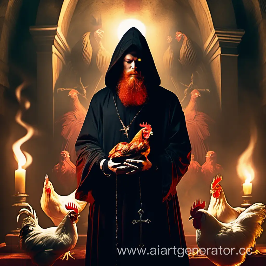 Человек в черном балохоне и красной бородой держит в левой руке курицу, а в правой нож стоя перед алтарем и читая молитву в свете факелов