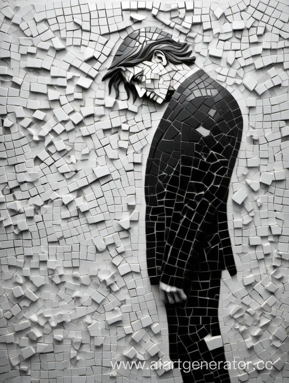 Abstract mosaic of a white background. Lots of broken pieces. Edges having a bit of black, not pure white, of white in few places and blackish texture in few places. I one edge portray a man, helpless, all alone, sad and broken and in the opposite edge portray a woman looking away, bound to never come back.
