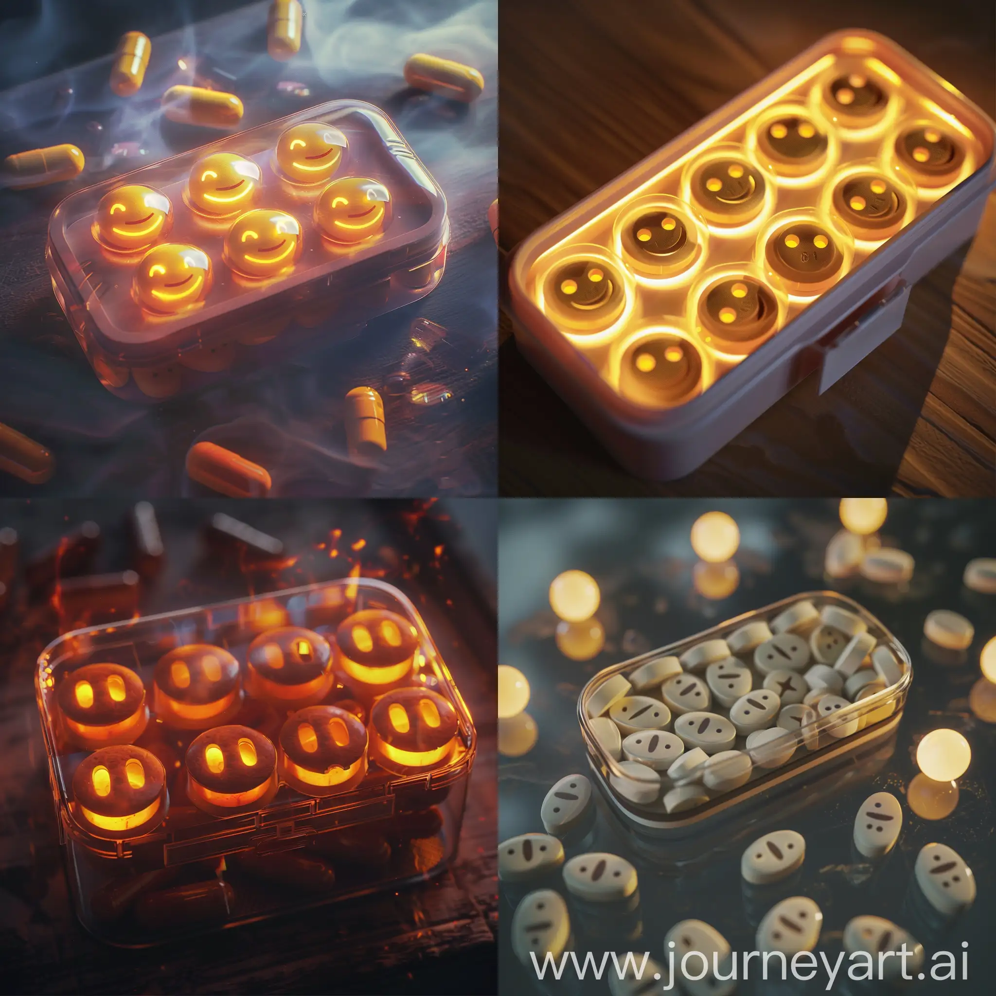 a pill box filled with pills that looks like smiley faces, cinematic lighting, photorealism
