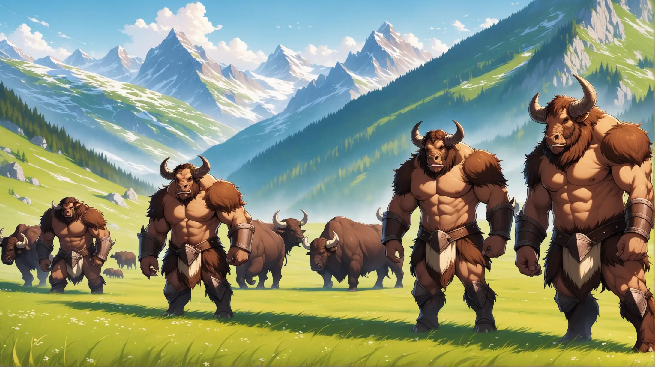 group of minotaurs, male and female, various fur colors, mountain pasture, Medieval fantasy