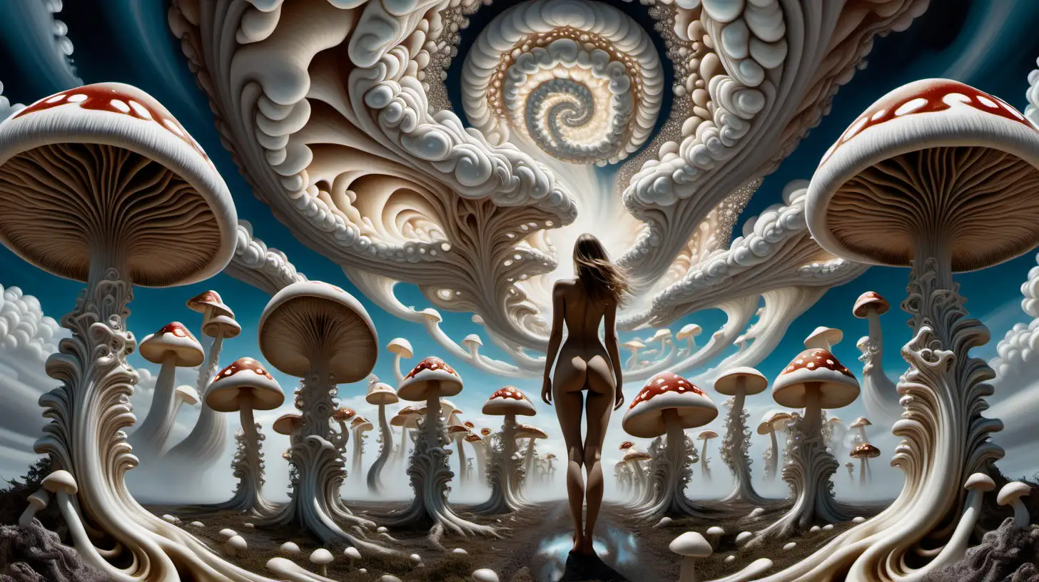 Ethereal Psychedelic Fractal Sky with Nude Female Figure and Mushrooms